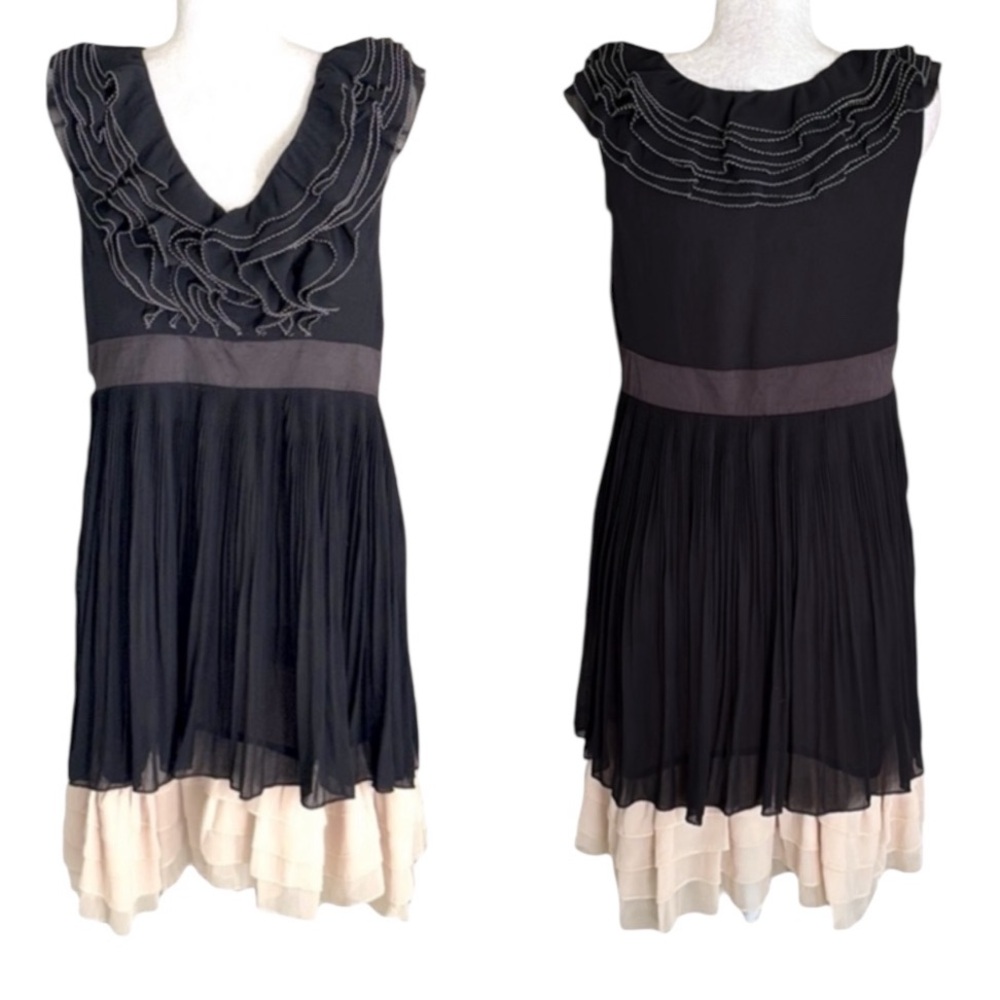 Anthropologie Ryu Black & Cream Layered Ruffle Pleated Chiffon Midi Dress - L